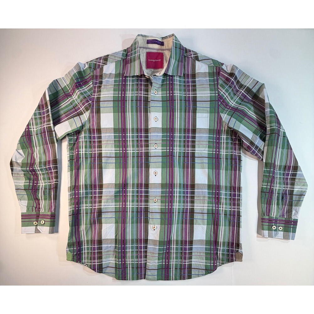 Tommy Bahama Mens Medium Plaid Button Down Shirt Green Purple Cotton Long Sleeve